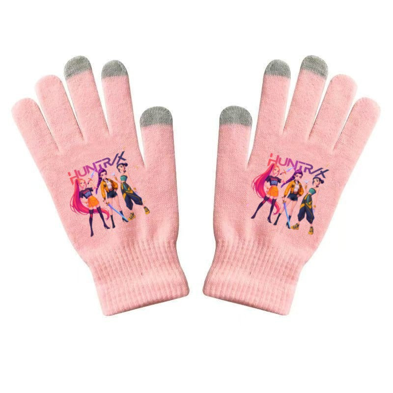 K-Pop Demon Hunters Kids Gloves for Boys and Girls Warm Dopamine Style Knitted Printed Gloves for Fall and Winter