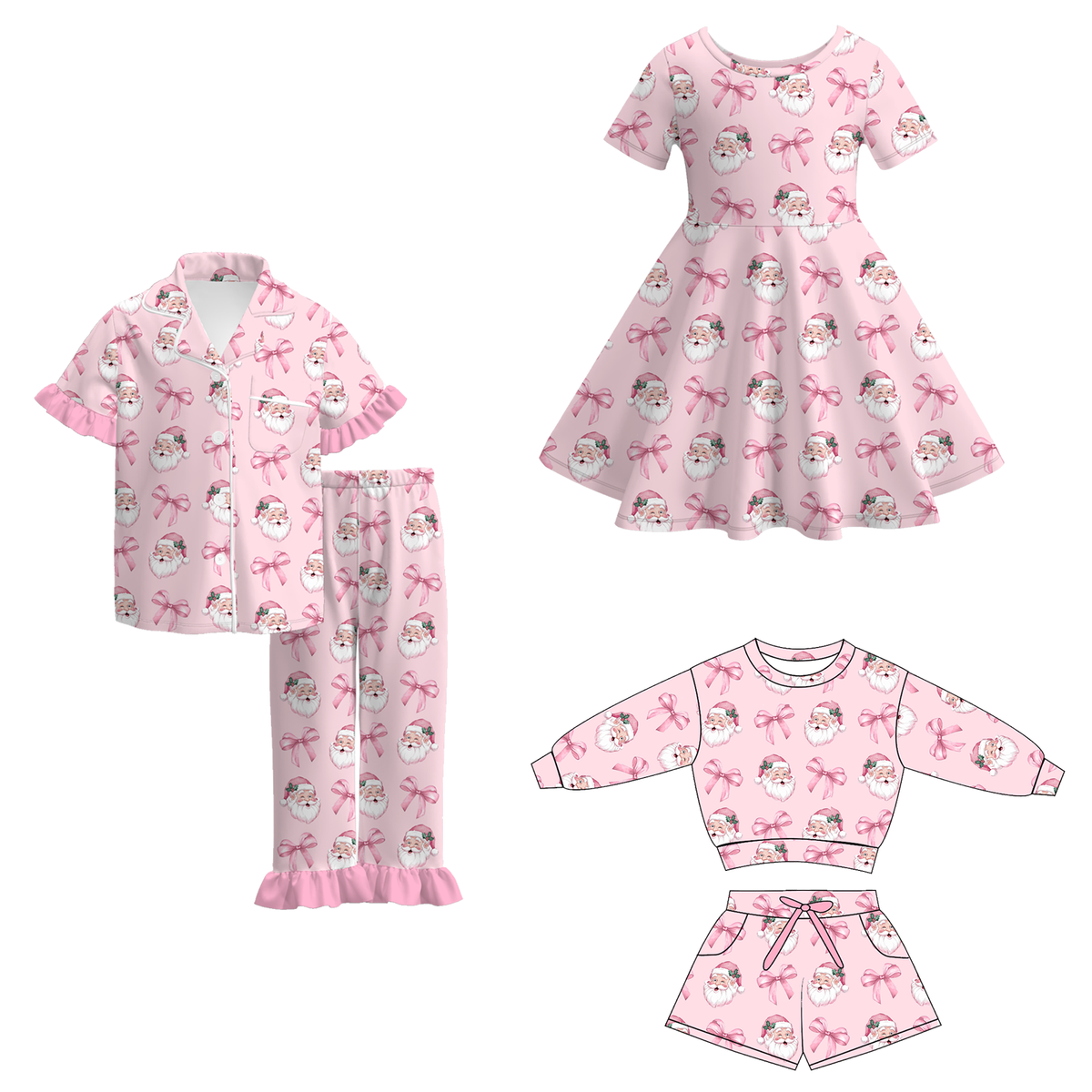 Girls Pink Christmas Santa & Bow Collection – Holiday Pajama Set, Dress & Shorts Set