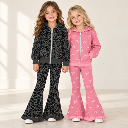 Girls Fall Winter Bow & Leopard Print Flare Pants Set – Long Sleeve Ruffle Sweatshirt or Zip-Up Hoodie 2-Piece Outfit