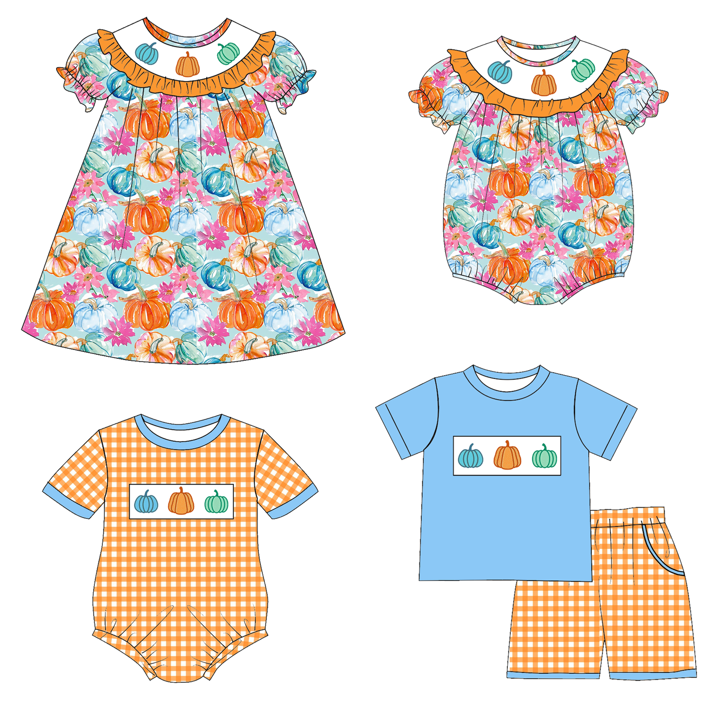 Halloween Pumpkin Sibling Outfit Set – Embroidered Smocked Collection