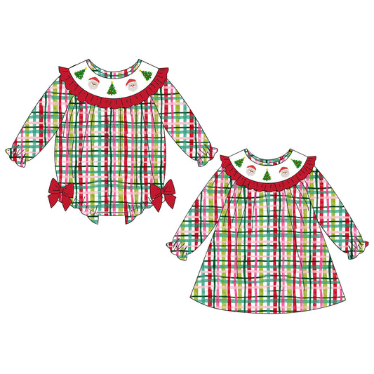 Girls Red Green Plaid Santa Christmas Tree Embroidery Smock Clothes