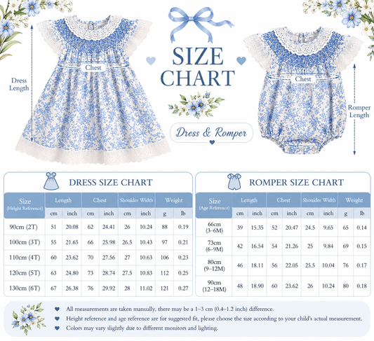 Girls Blue Floral Smocked Dress & Baby Romper – Cotton Summer Sister Matching Outfit