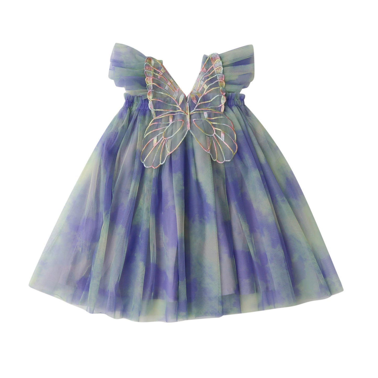 Girls Rainbow Tie-Dyed Butterfly Wing Tulle Cap sleeve Party Dress