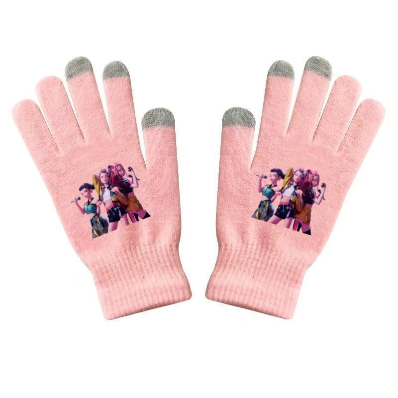 K-Pop Demon Hunters Kids Gloves for Boys and Girls Warm Dopamine Style Knitted Printed Gloves for Fall and Winter