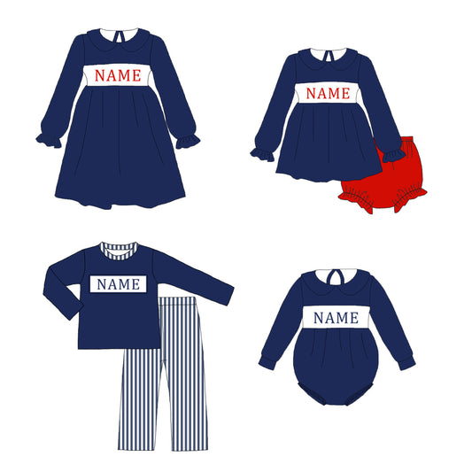 Kids Fall Christmas Custom Name Embroidery Blue Stripes Sibling Outfits