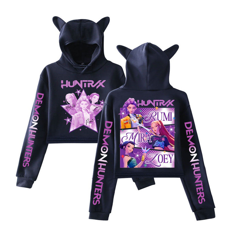 K-Pop Demon Hunters Printed Pink Navy Cat Ear Short Hoodie Anime Sweatshirt for Fall and Winter