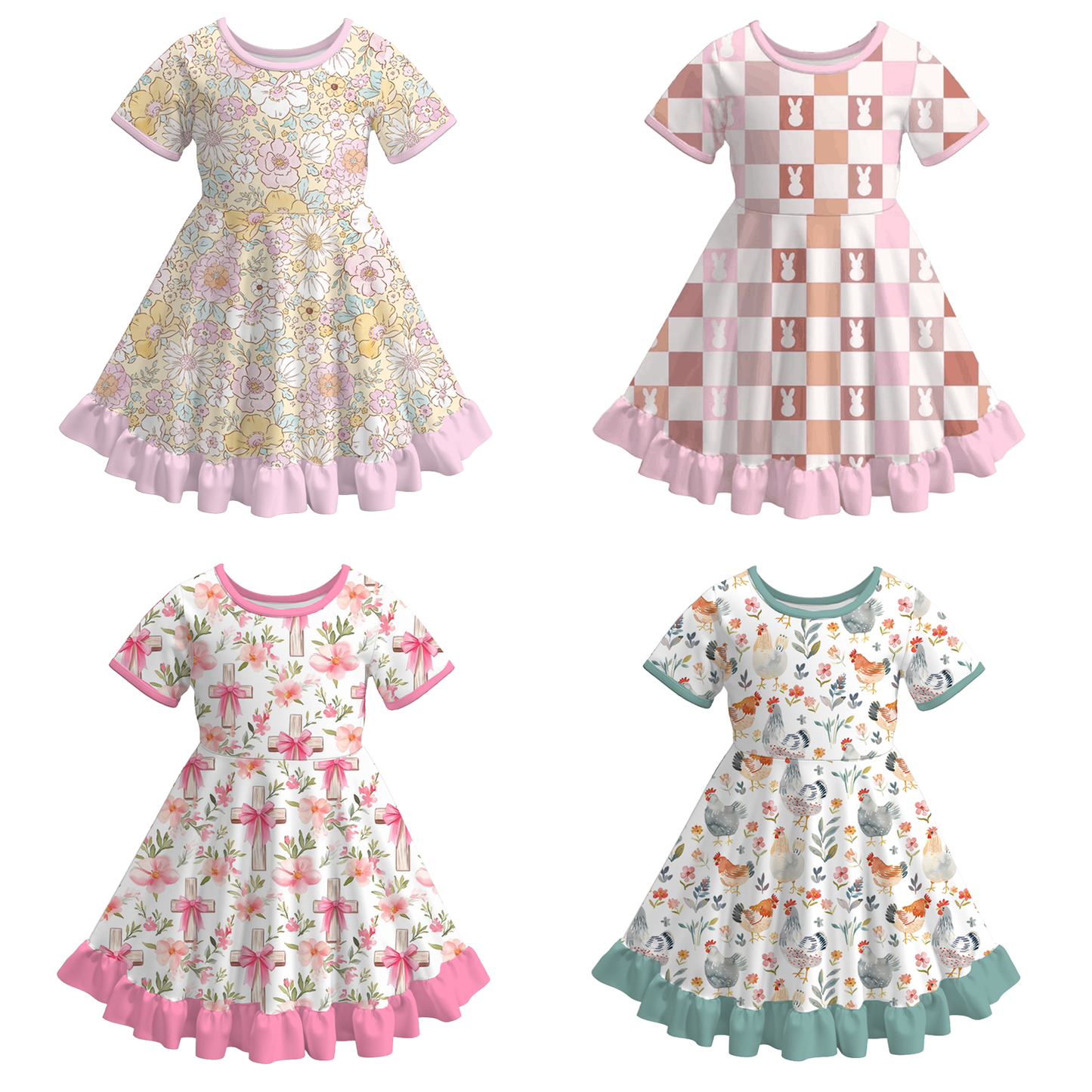 Spring Girls Easter Bunny Floral Chick Pattern Ruffles Dress