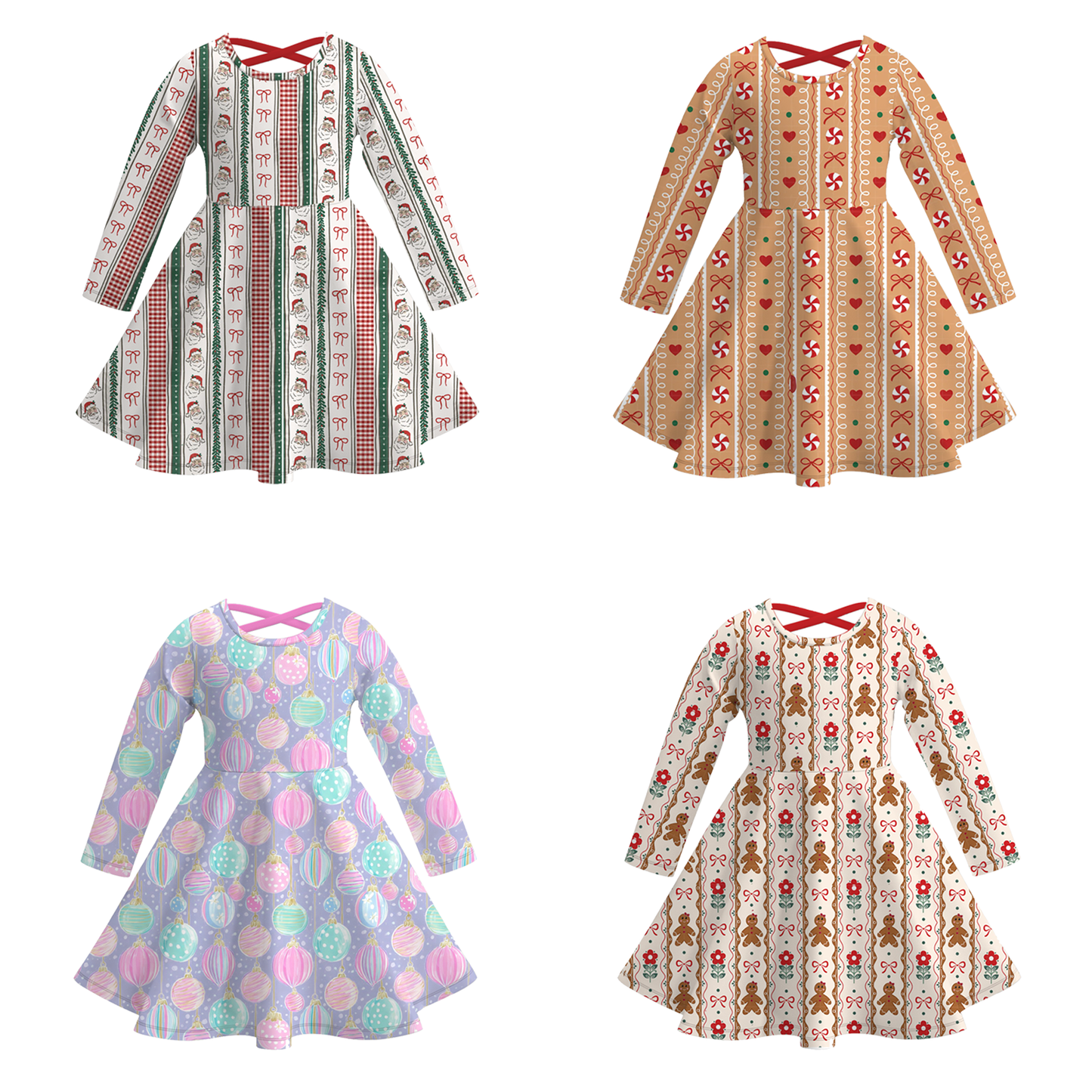 Girls Christmas Santa Gingerbread Long Sleeves Twirl Dress