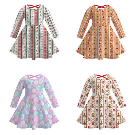 Girls Christmas Santa Gingerbread Long Sleeves Twirl Dress