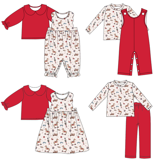 Christmas Nutcracker & Rocking Horse Print Sibling Set – Holiday Outfit Set