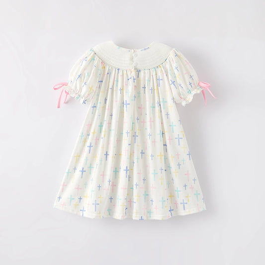 Toddler Girls Easter Cross Smocking Embroidery Dress