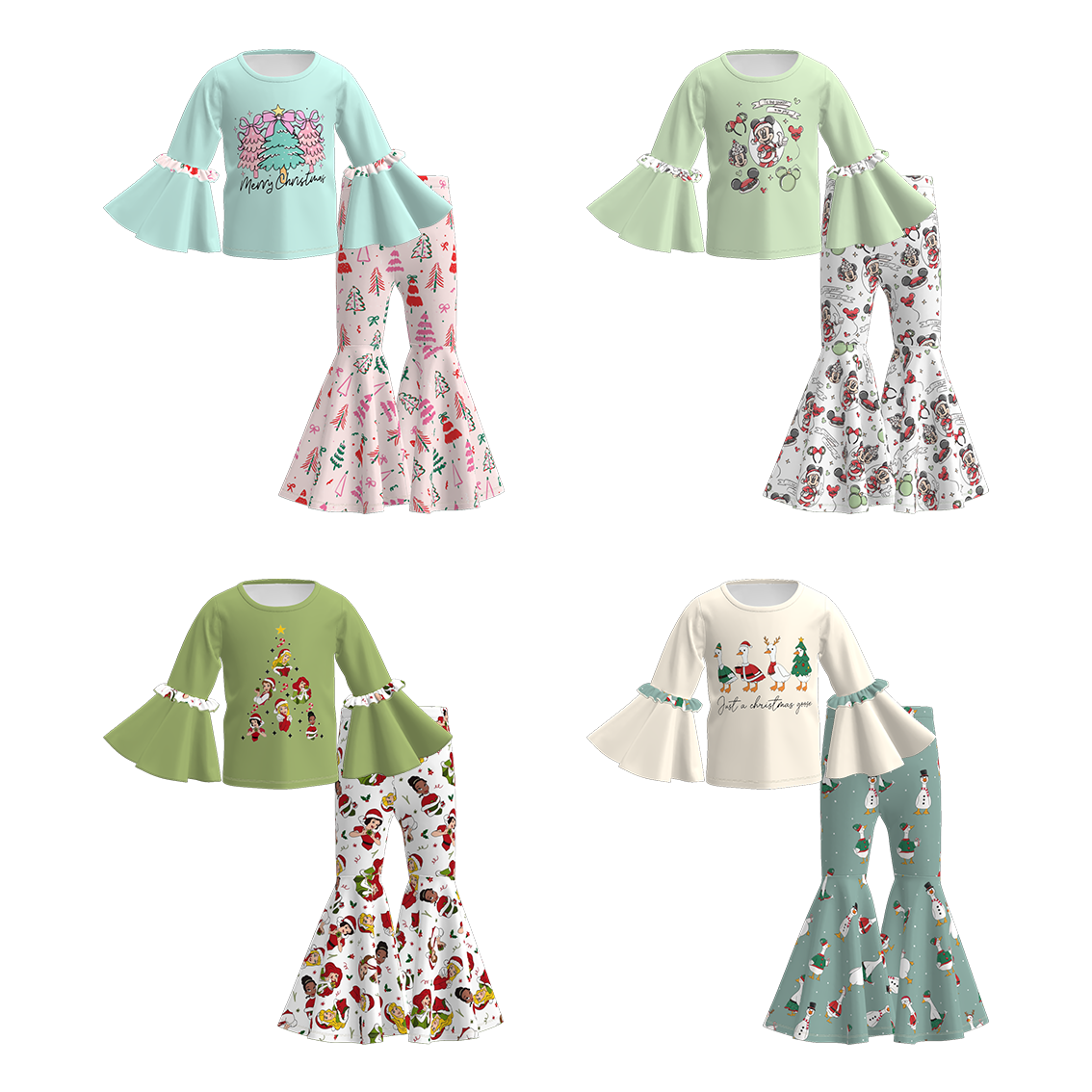 Girls Christmas Cartoon Print Bell Pant+Top Set Collection