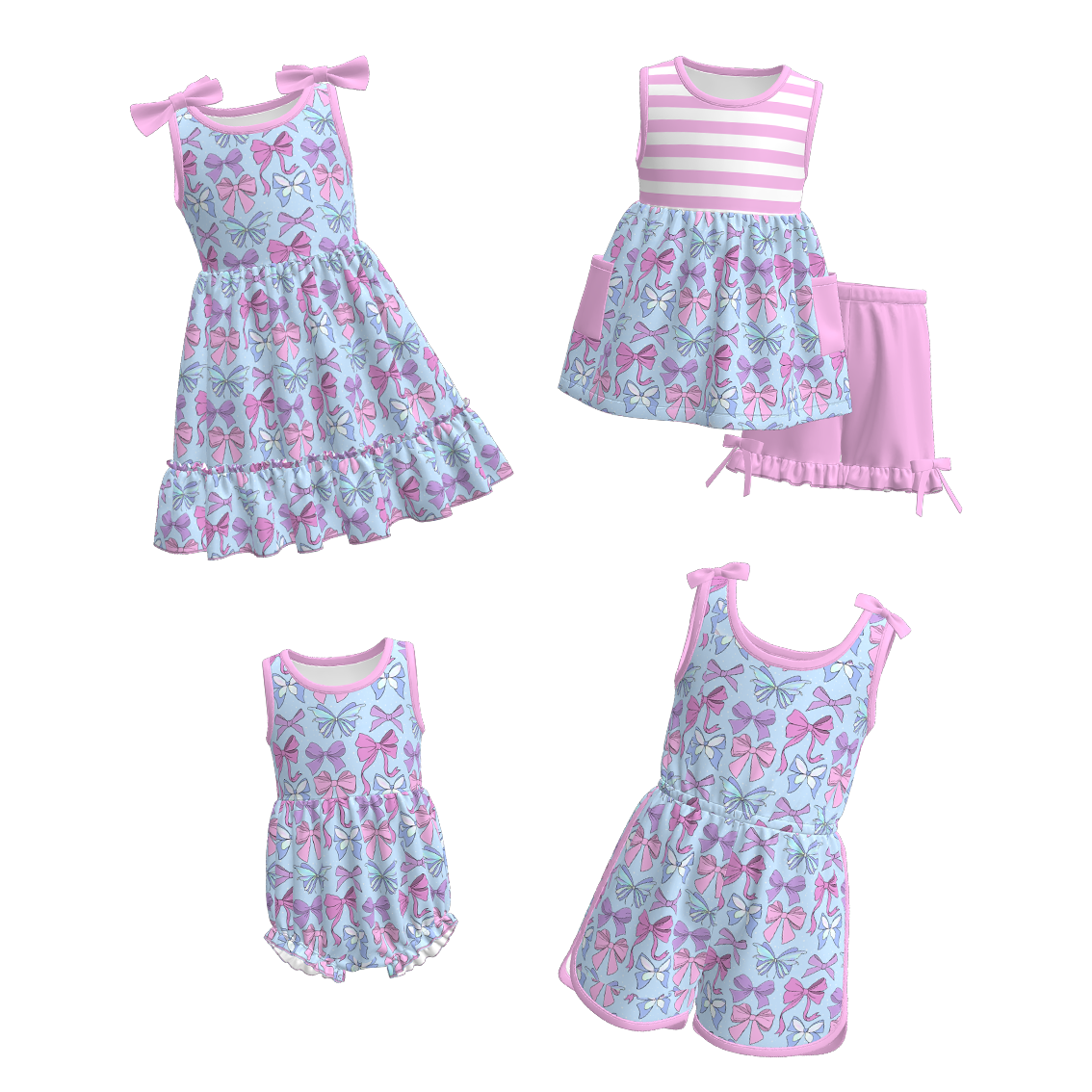 Siblings Girls Summer Pink Blue Bow Matching Clothes