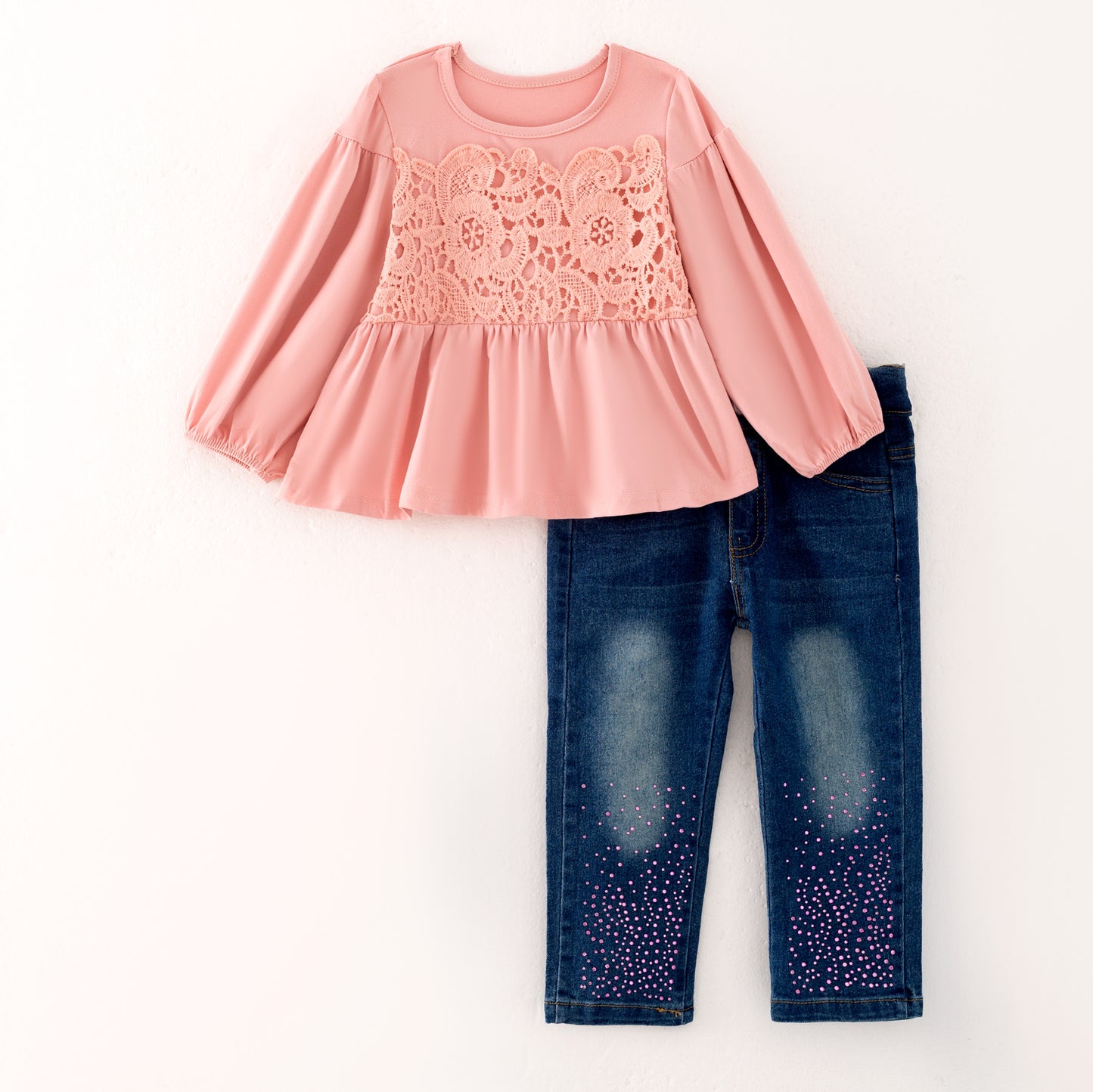 Girls Fall Coral Lace Top + Blue Jean Set