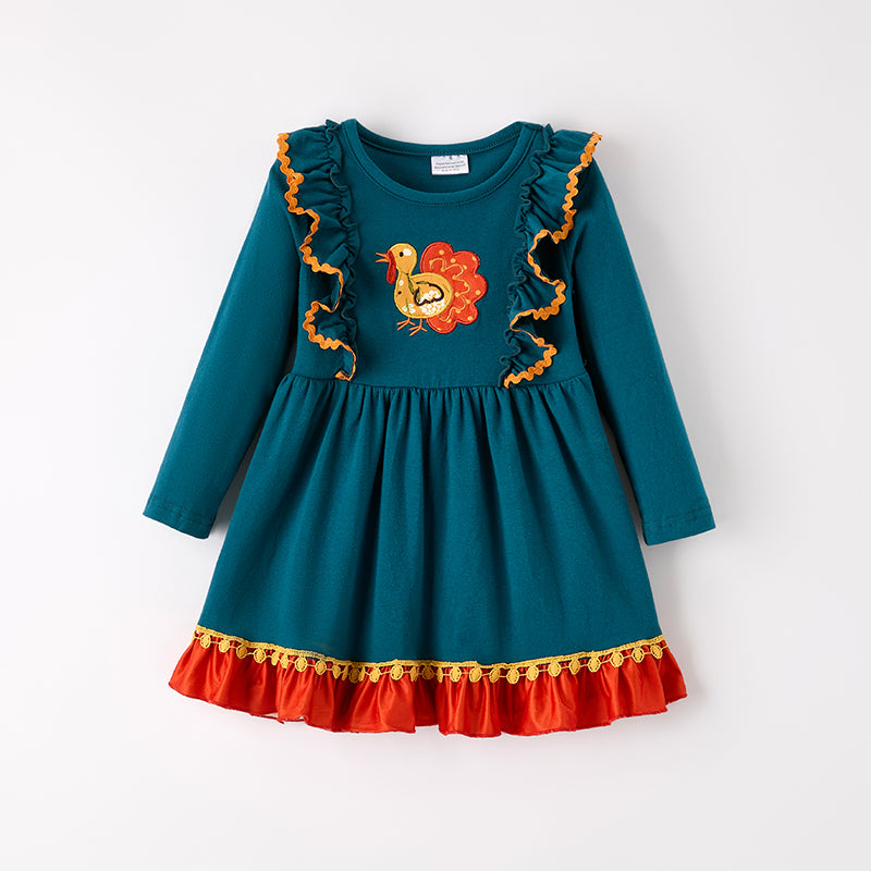 Girls Thanksgiving Turkey Embroidery Long Sleeves Dress