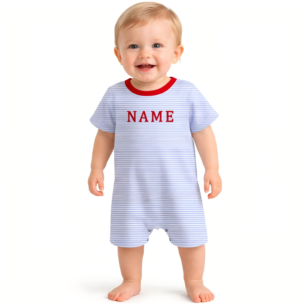 Personalized Baby Boy Striped Romper – Custom Name Short Sleeve Infant Jumpsuit, Soft Cotton Summer Baby Outfit