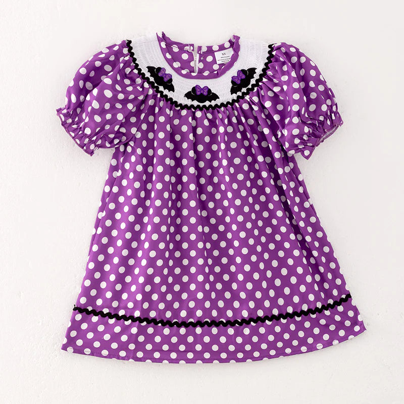 Girls Halloween Purple Dots Bat Embroidery Smocked Dress