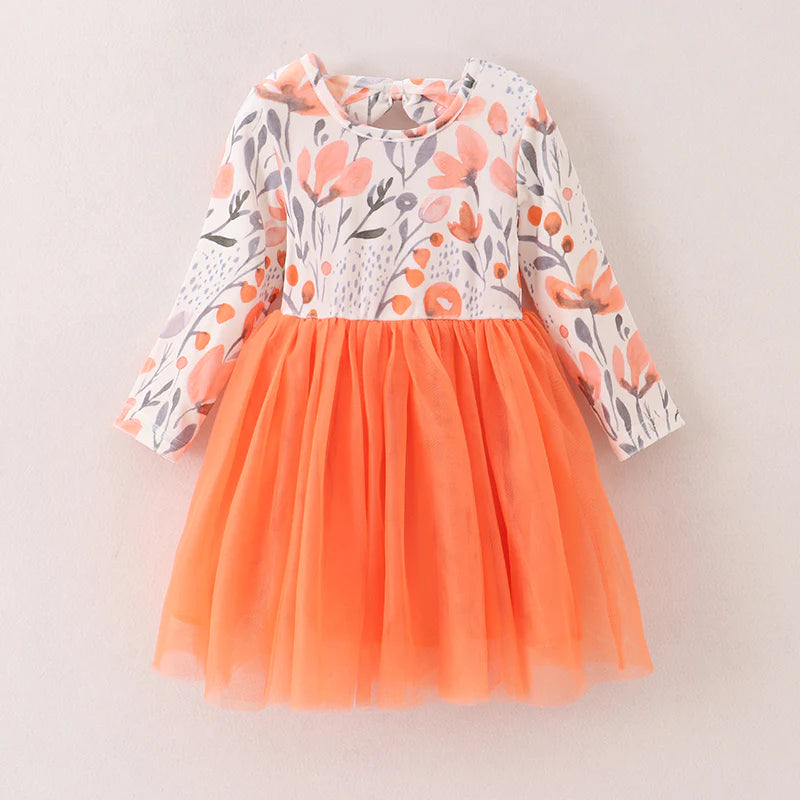 Fall Leaves Print Orange Tulle Dress For Girls