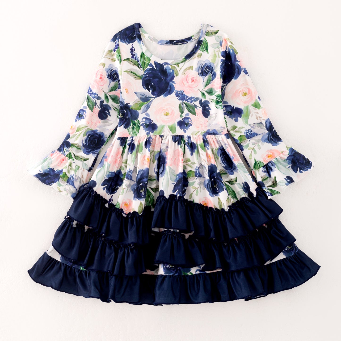 Girls Fall Autumn Pink Floral Navy Ruffled Long Sleeves Dress