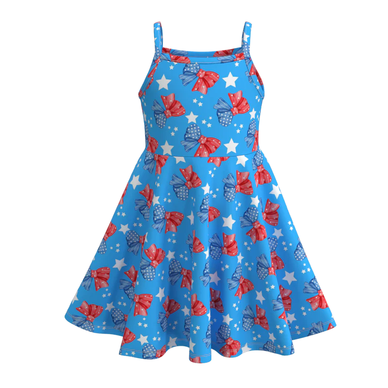 Grils July 4th Patriotic Red Blue Bow Dress