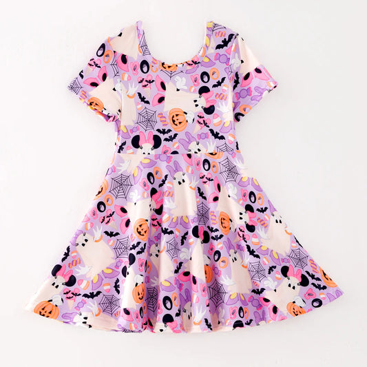 Girls Halloween Pumpkin Ghost Short Sleeves Twirl Dress