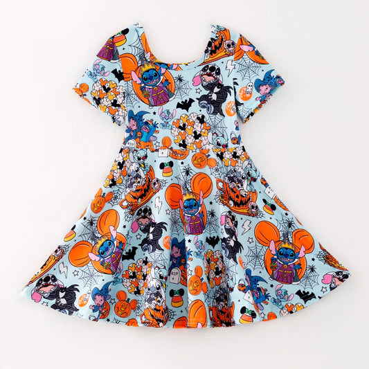 Girls Halloween Pumpkin Ghost Bat Cartoon Twirl Dress