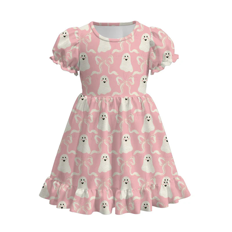 Toddler Girls Halloween Pink Ghost Bow Print Soft Dress