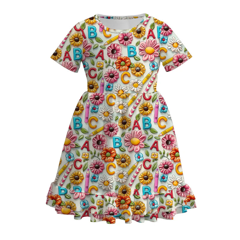 Girls Back To School ABC Flower Print Short Sleeves Dress