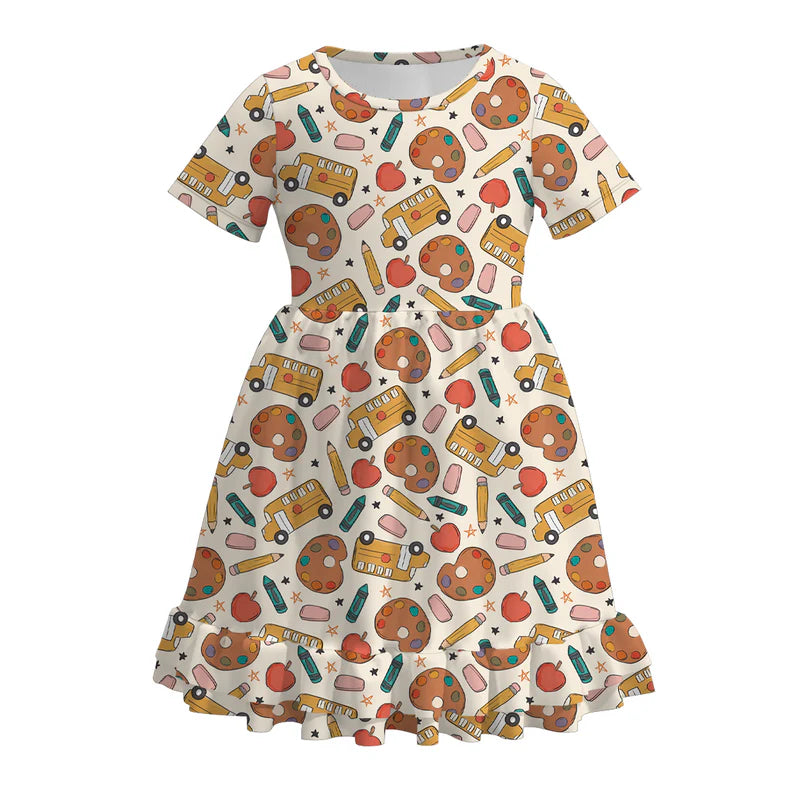 Girls Back To School BUS APPLE Print Short Sleeves Dress