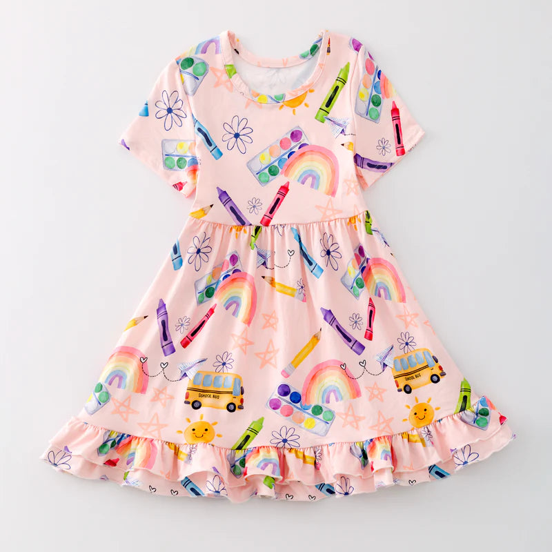 Girls Back To School Rainbow Bus Short Sleeves Dress