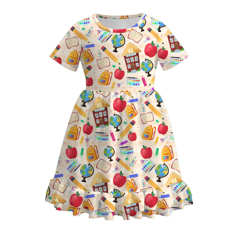 Girls Back To School Apple Pencil Print Twirl Dress