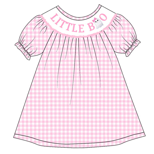 Girls Halloween Pink Plaid Pumpkin Ghost Embroidery Smock Dress