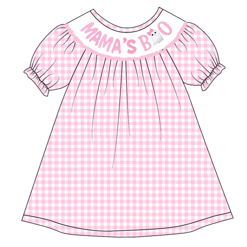 Girls Halloween Pink Plaid Pumpkin Ghost Embroidery Smock Dress