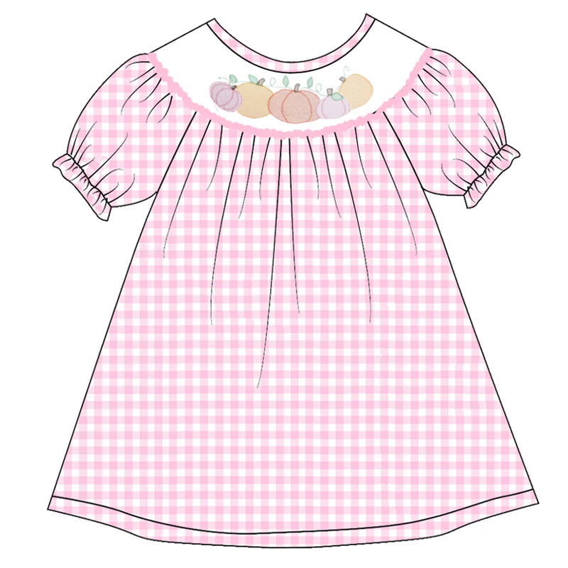 Girls Halloween Pink Plaid Pumpkin Ghost Embroidery Smock Dress