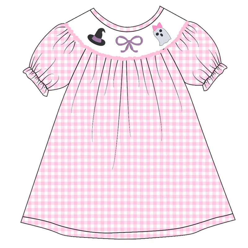 Girls Halloween Pink Plaid Pumpkin Ghost Embroidery Smock Dress