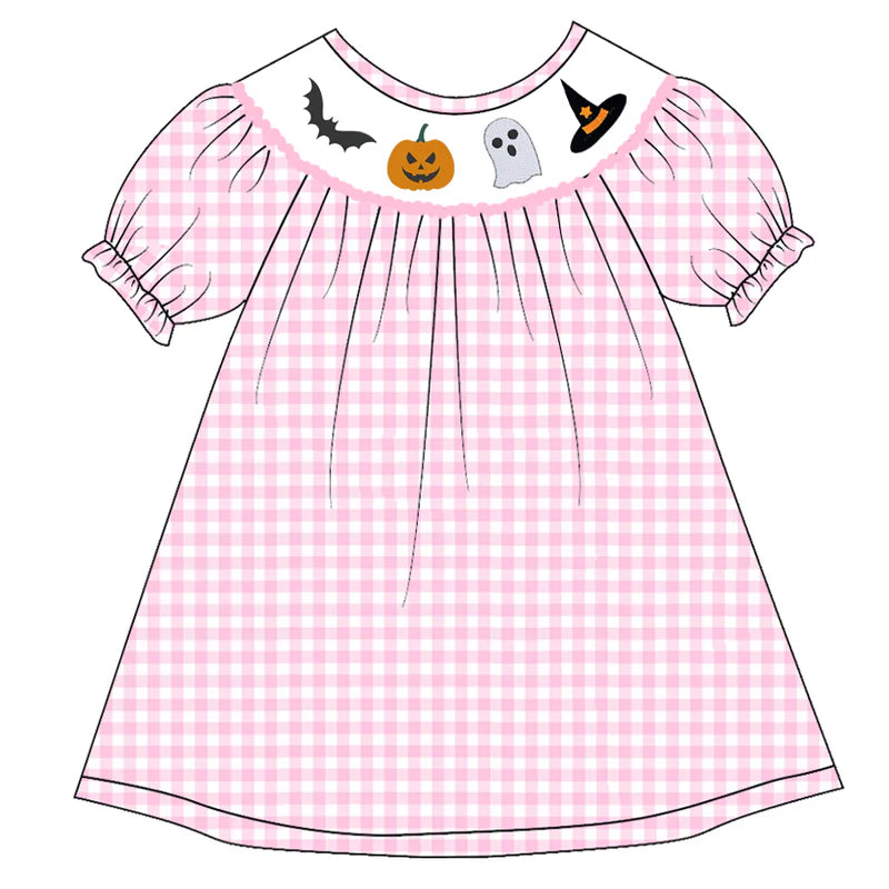 Girls Halloween Pink Plaid Pumpkin Ghost Embroidery Smock Dress