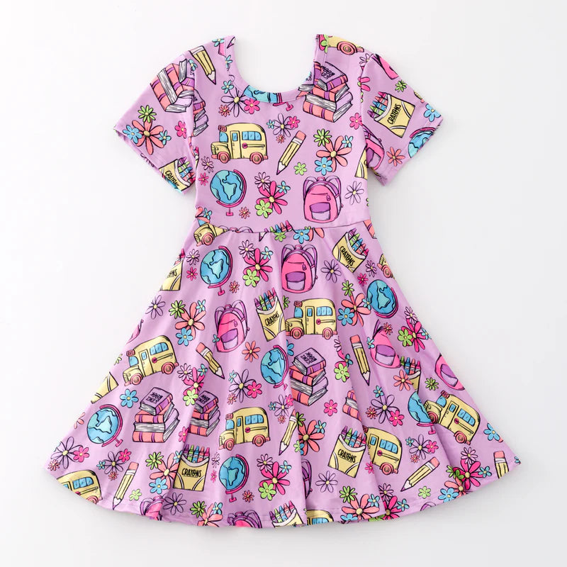Hot Seller Girls Back To School Bus Pencil Twirl Dress