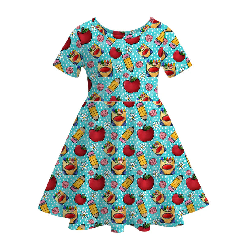 Fashion Girls Back To School Pencil Apple Twirl Dress