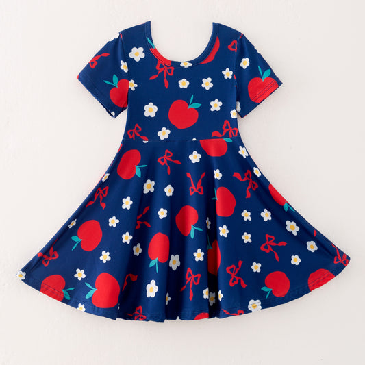 Fashion Girls Back To School Navy Bow Apple Twirl Dress