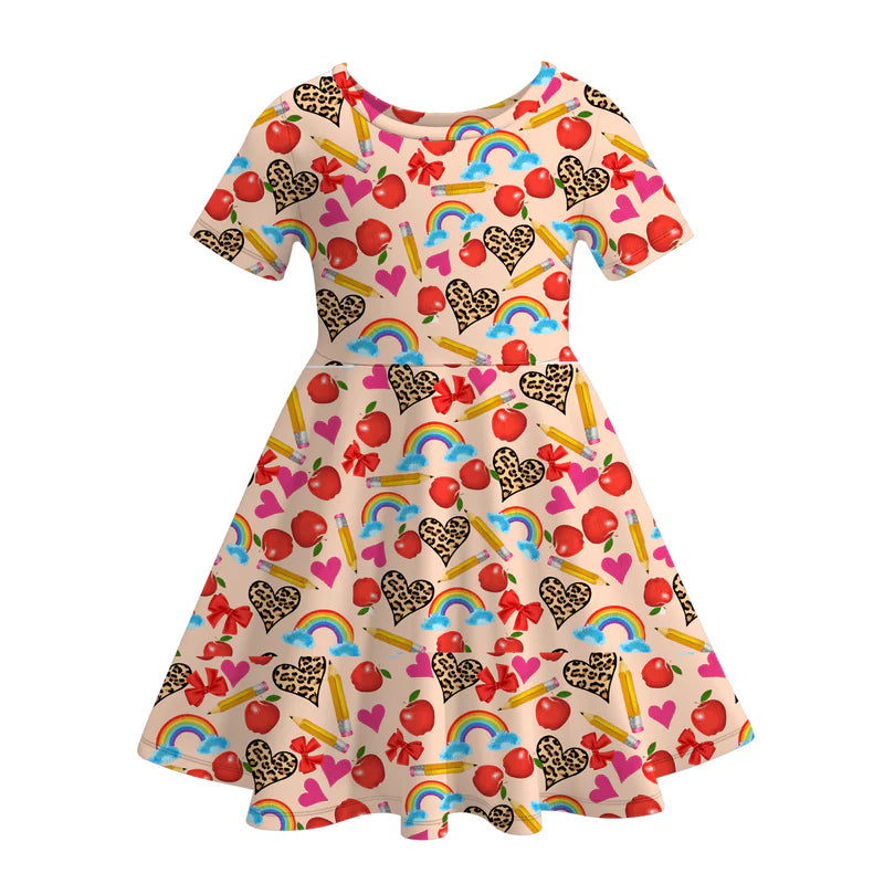 Fashion Girls Back To School Heart Rainbow Twirl Dress