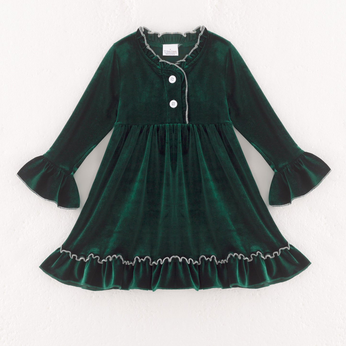 Girls Christmas Green long Sleeves Velvet Ruffled Dress