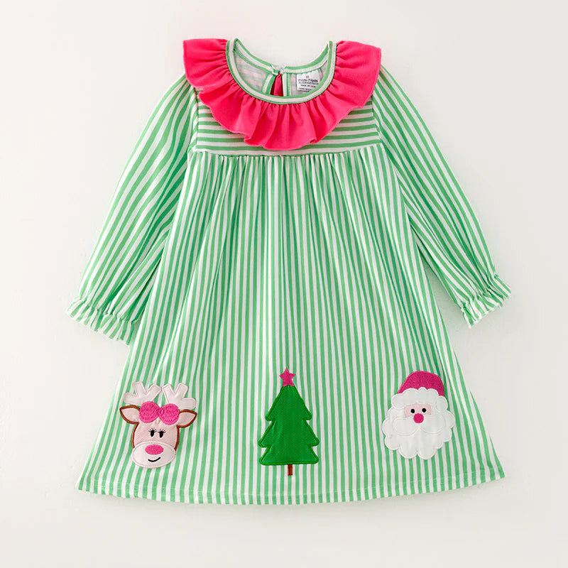 Girls Reindeer Christmas Tree Santa Embroidery Green Stripes Dress & Pant Set