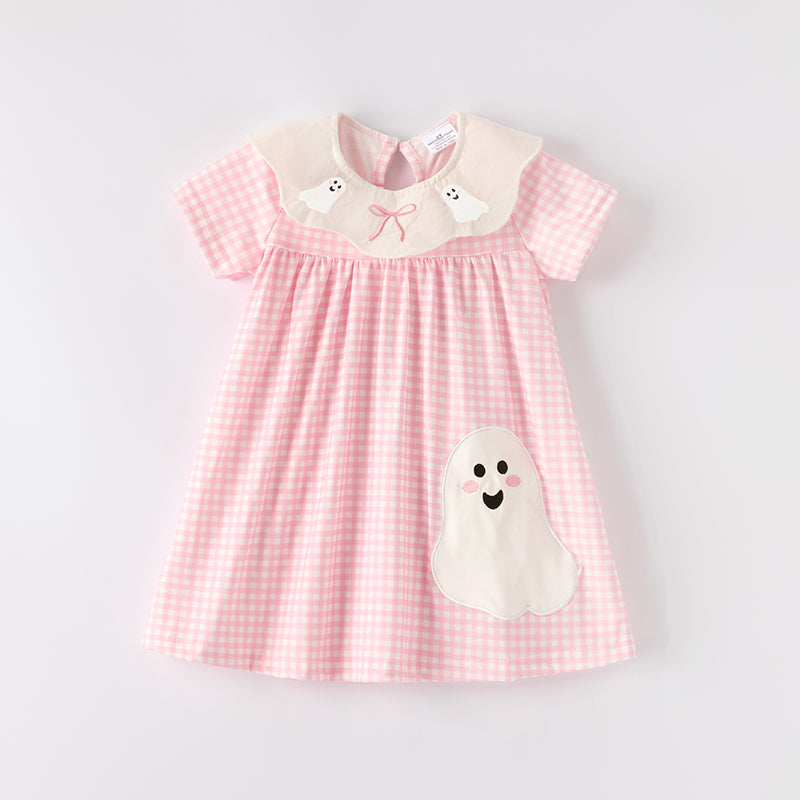 Girls Halloween Pink Plaid Ghost Applique Dress