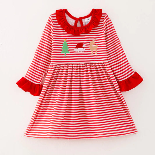 Girls Christmas Reindeer Santa Embroidery Red Stripes Dress Romper