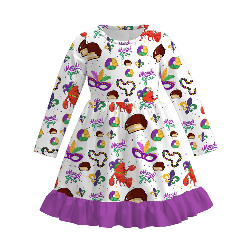 2026 Mardi Gras Print Cute Girls Long Sleeves Twirl Dress