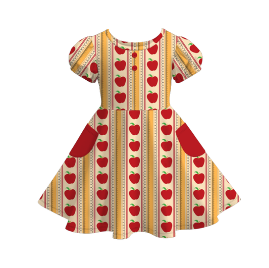 Girls Back To School Apple Red Gold Dress & Short Set