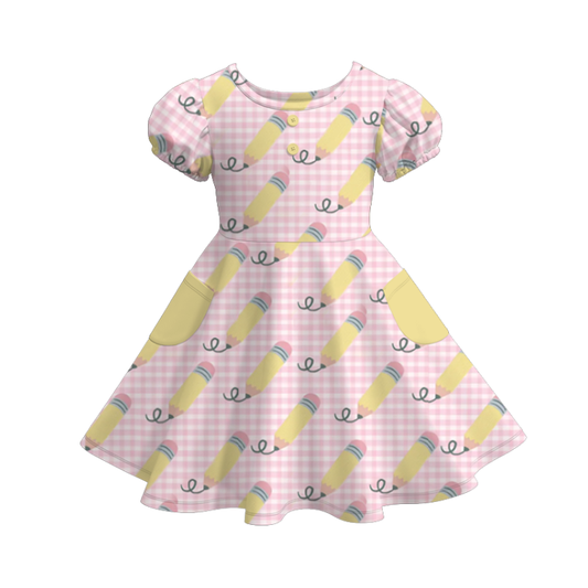 Girls Back To School Pink Yellow Pencil Dress & Short Set