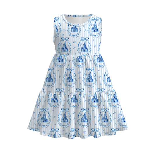 Girls Summer Blue Bow Castle Print Fashion Dress Bell Pant Set