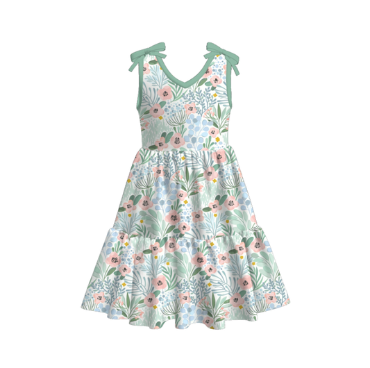 Girls Summer Green Floral Print Soft Dress & Short Set