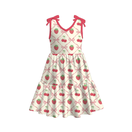 Girls Summer Red Cherry Strawberry Print Soft Dress & Short Set